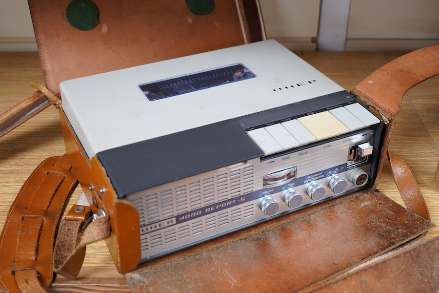 A mid-1960s leather cased portable Uher 4000 Report-S reel-to-reel recorder